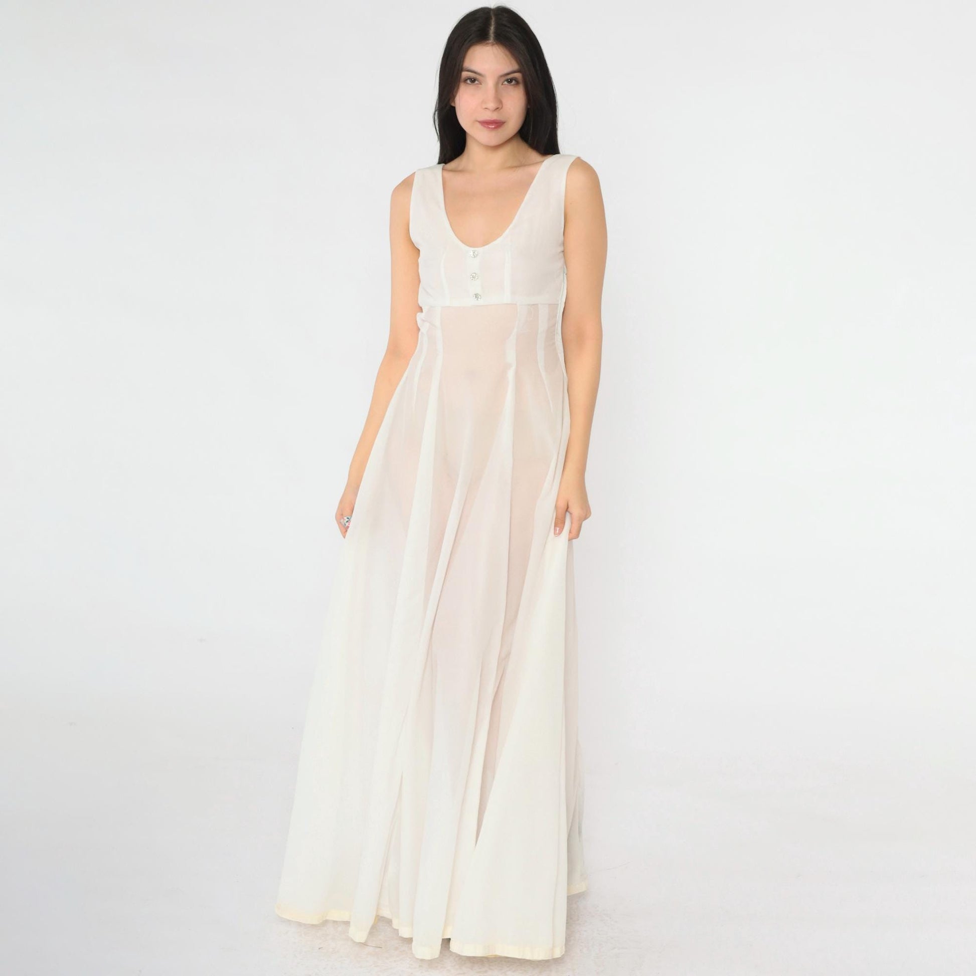1940s Sheer White Sleeveless Gown Rhinestone Button Empire Waist Floor-Length Small