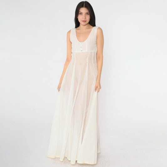 1940s Sheer White Sleeveless Gown Rhinestone Button Empire Waist Floor-Length Small