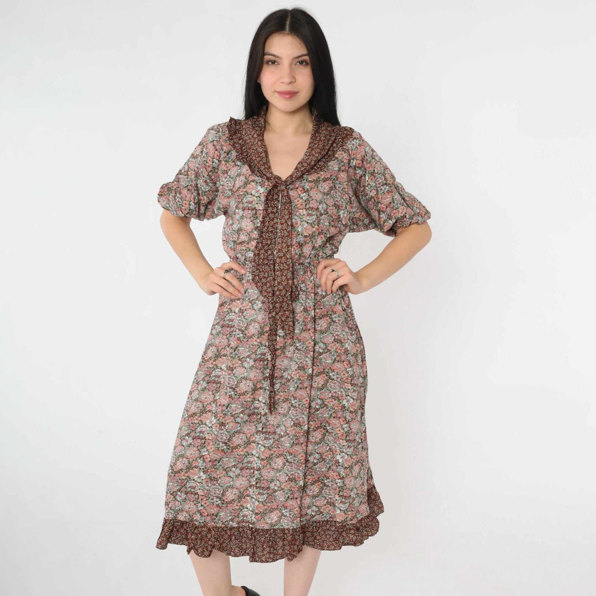 70s Oops California Floral Peasant Midi Dress Brown Pink Necktie Small