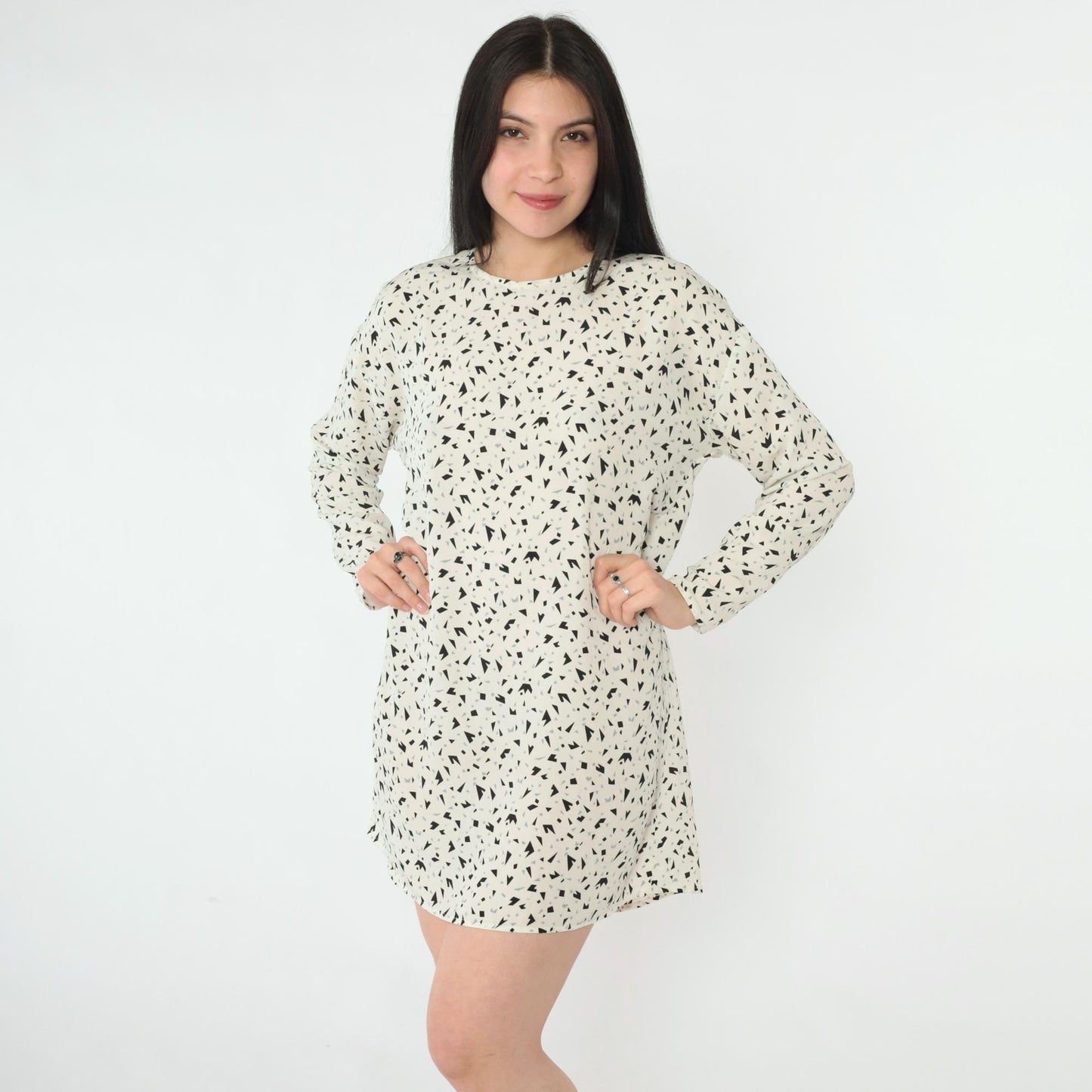 80s Evan-Picone Geometric Confetti Mini Dress Long Sleeve White Black Medium Large