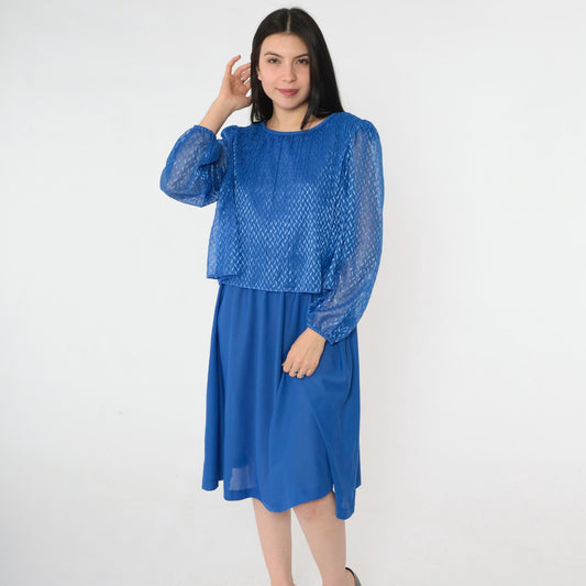 80s Royal Blue Midi Dress Puff Sleeve High Waist Pleated Bodice Small