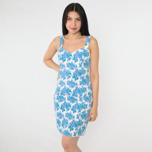 90s Floral Bodycon Mini Dress Sweetheart Neckline White Blue Small S