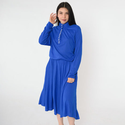 80s Royal Blue Midi Shirtdress Button-Up High Elastic Waist Long Sleeve Medium