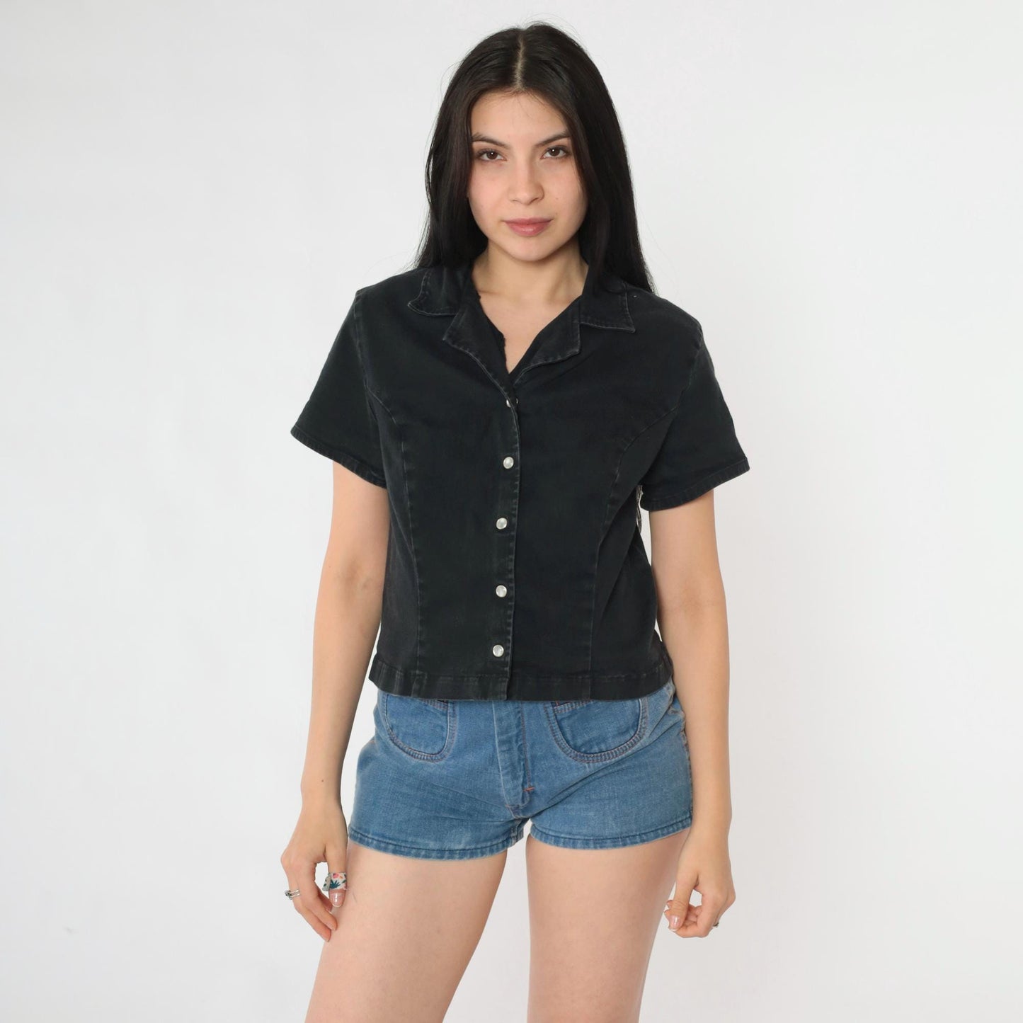 90s Black Pearl Snap Button Blouse Short Sleeve Fitted Crop Small S