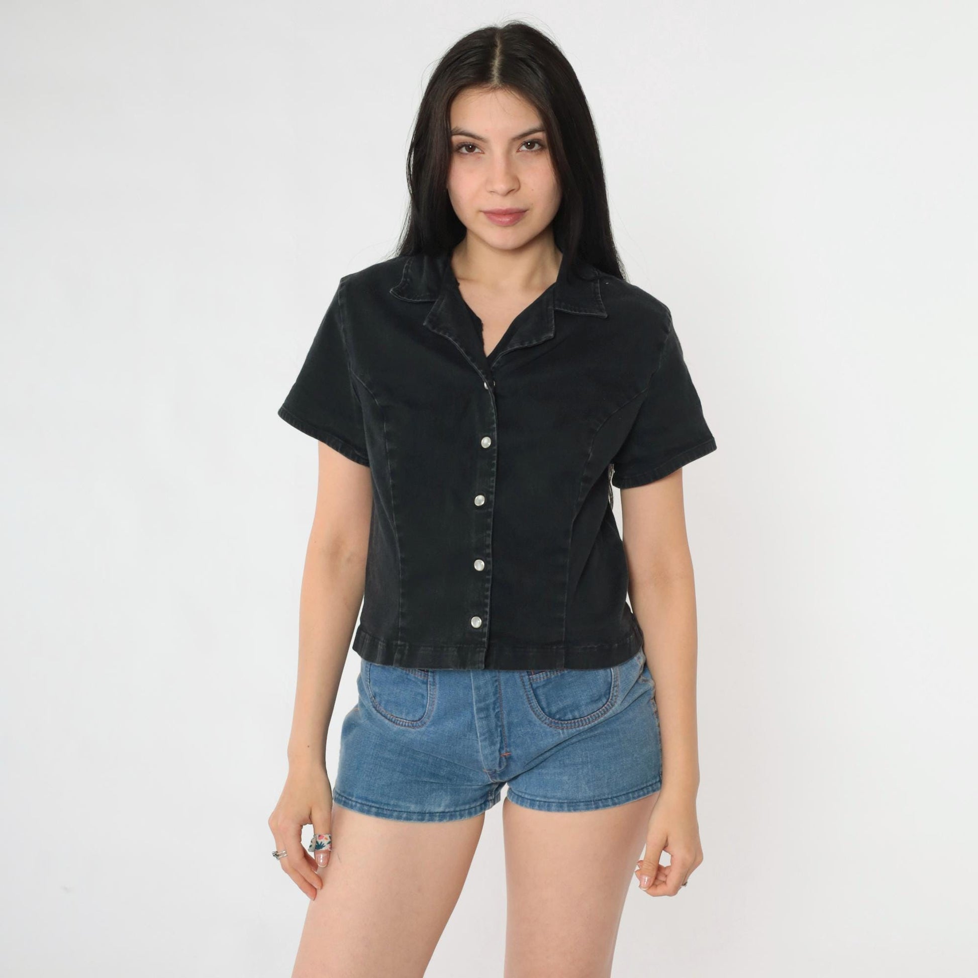 90s Black Pearl Snap Button Blouse Short Sleeve Fitted Crop Small S