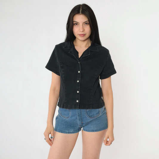 90s Black Pearl Snap Button Blouse Short Sleeve Fitted Crop Small S