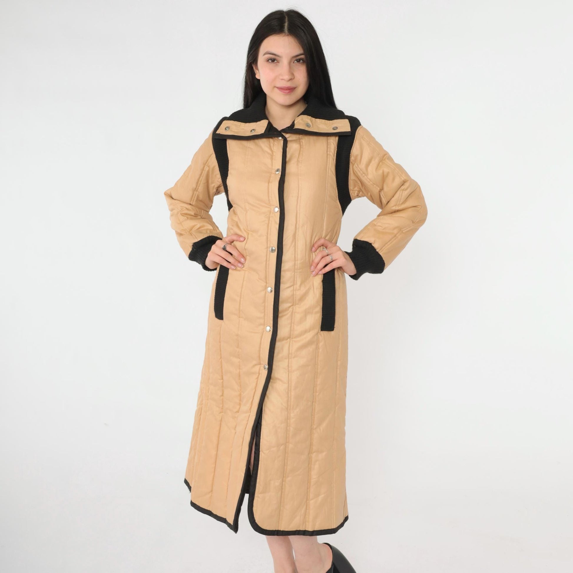 80s Furrrina Quilted Parka Tan Black Long Puffer Jacket Small
