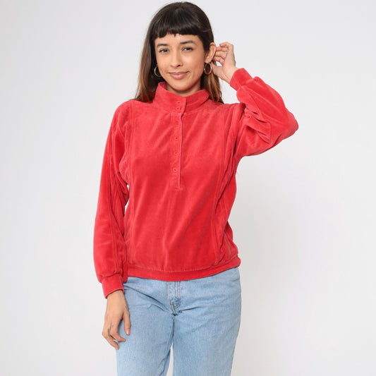 80s Red Velour Mock Neck Sweatshirt Button Front Pullover Medium M
