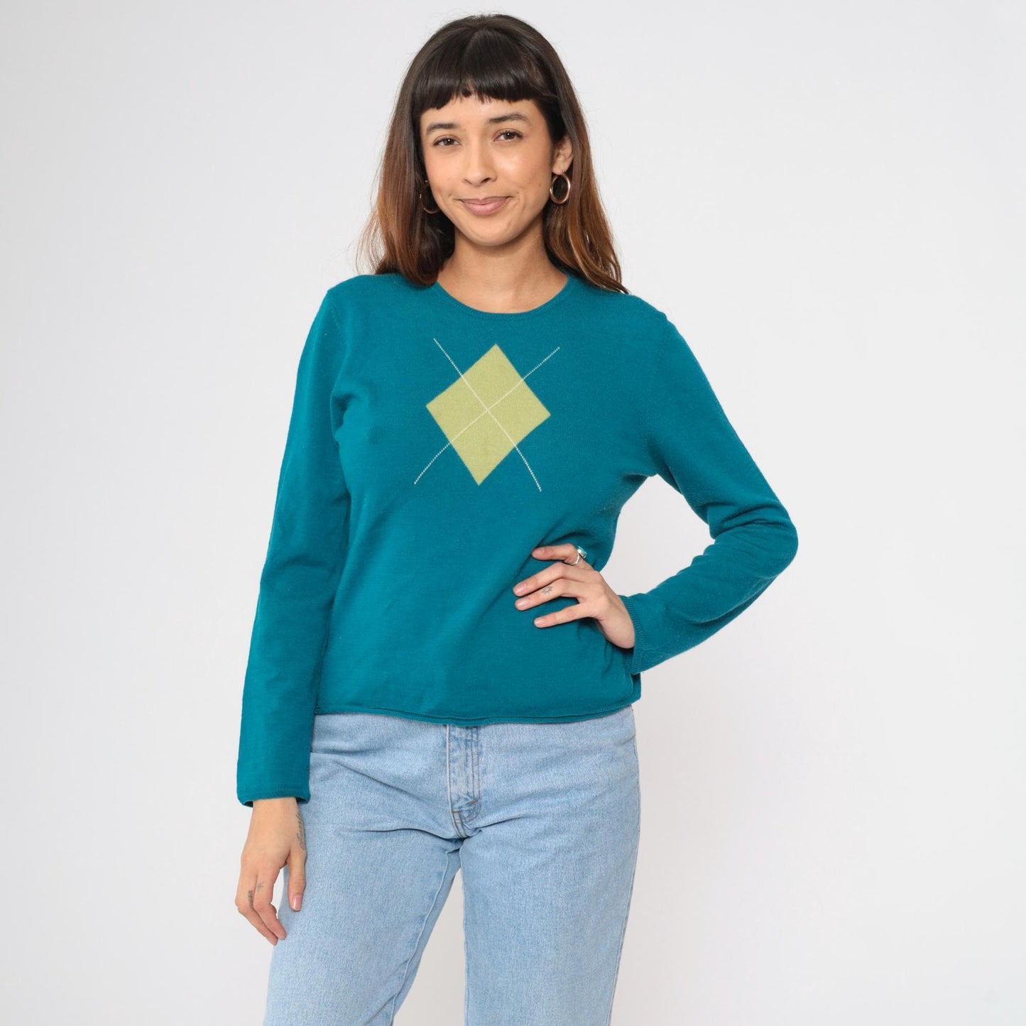 Charter Club Teal Argyle Wool Pullover Crewneck Sweater Large L