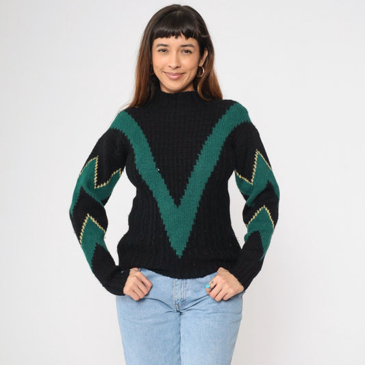 80s Skyr Sportswear Wool Sweater Chevron Zigzag Mock Neck Black Extra Small
