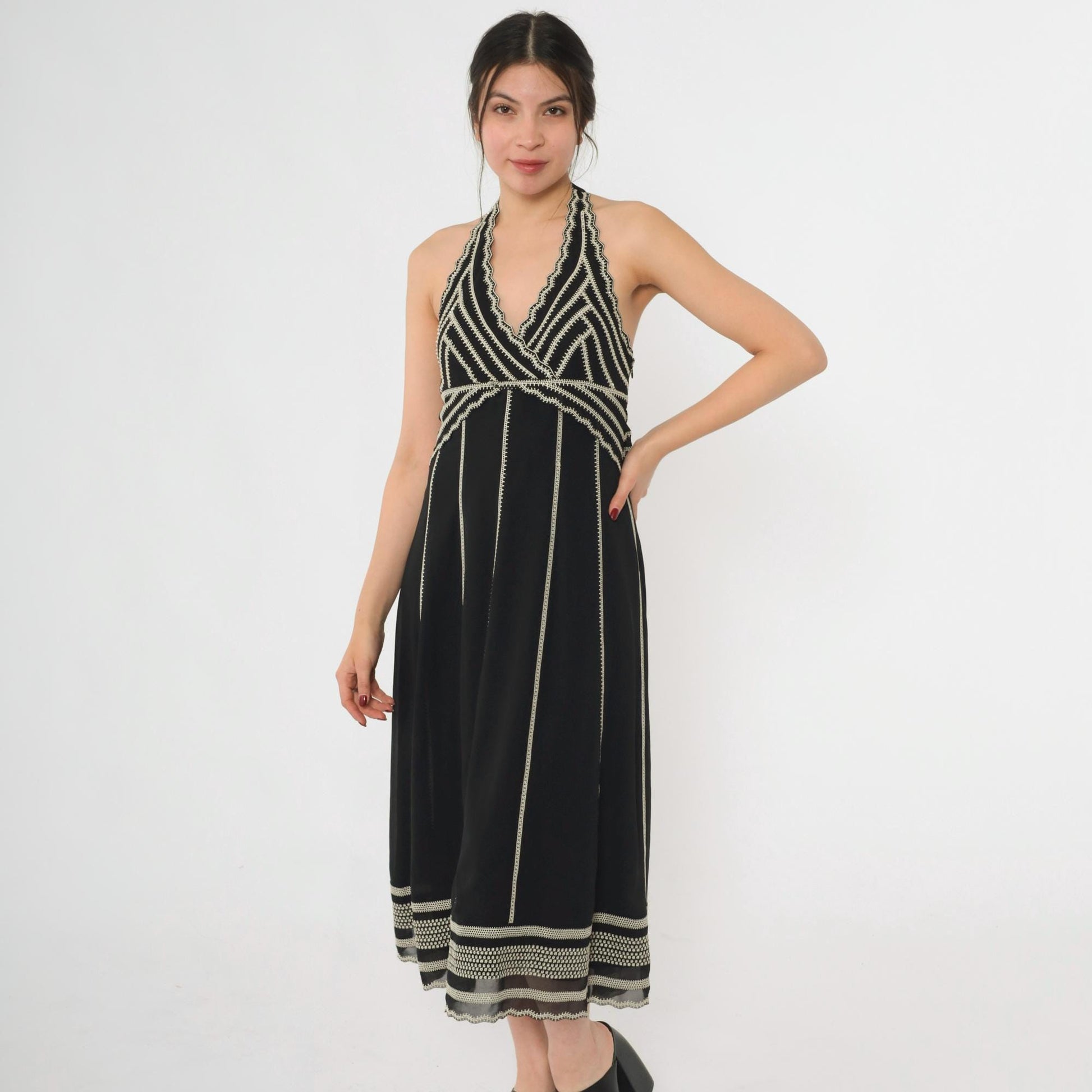 Y2K Eliza J Black Halter Midi Dress Embroidered Beaded Empire Waist Small 6