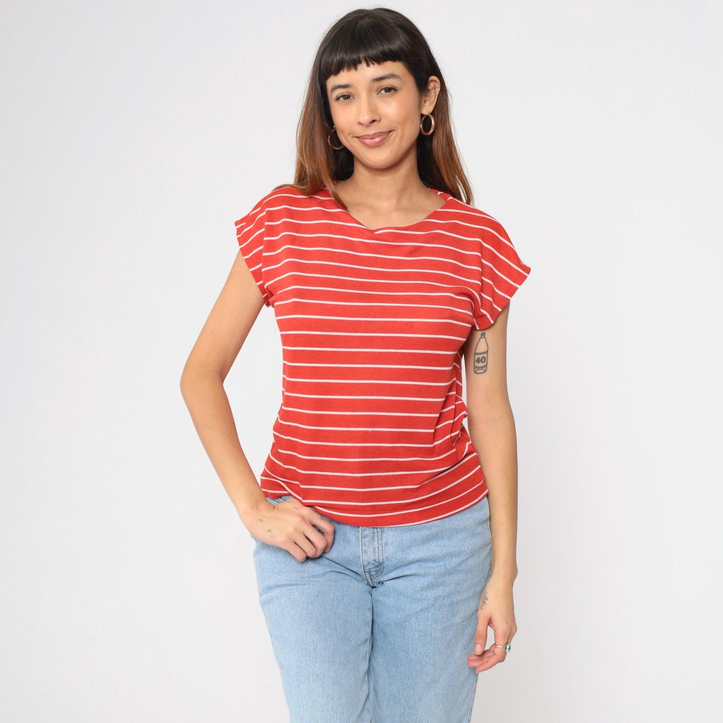 80s Red White Striped Cap Sleeve T-Shirt Gotham Vintage Small