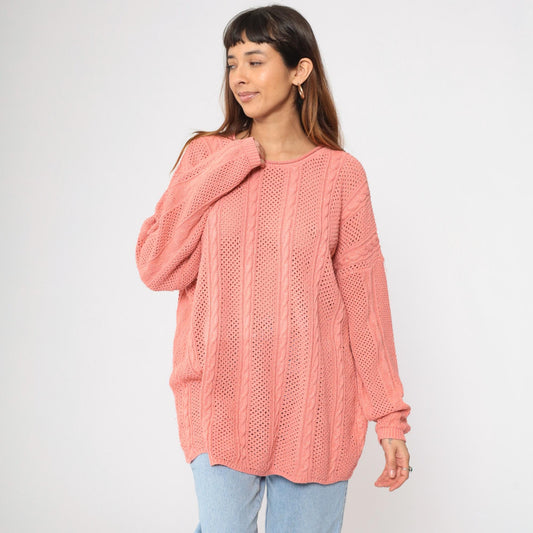 90s Metallic Pink Cable Knit Sweater Openwork Pullover Plus Size XXL