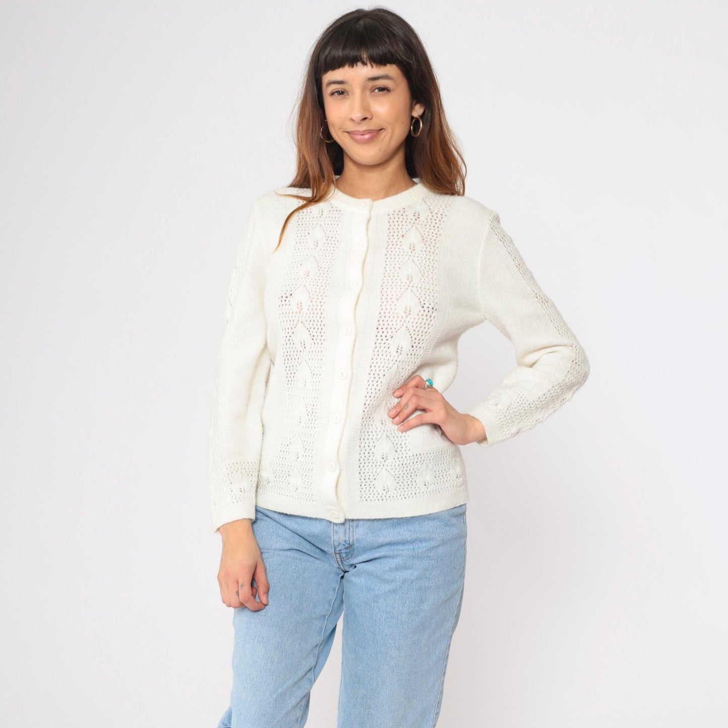 80s White Openwork Cardigan Leaf Motif Button-Up Crew Neck Small