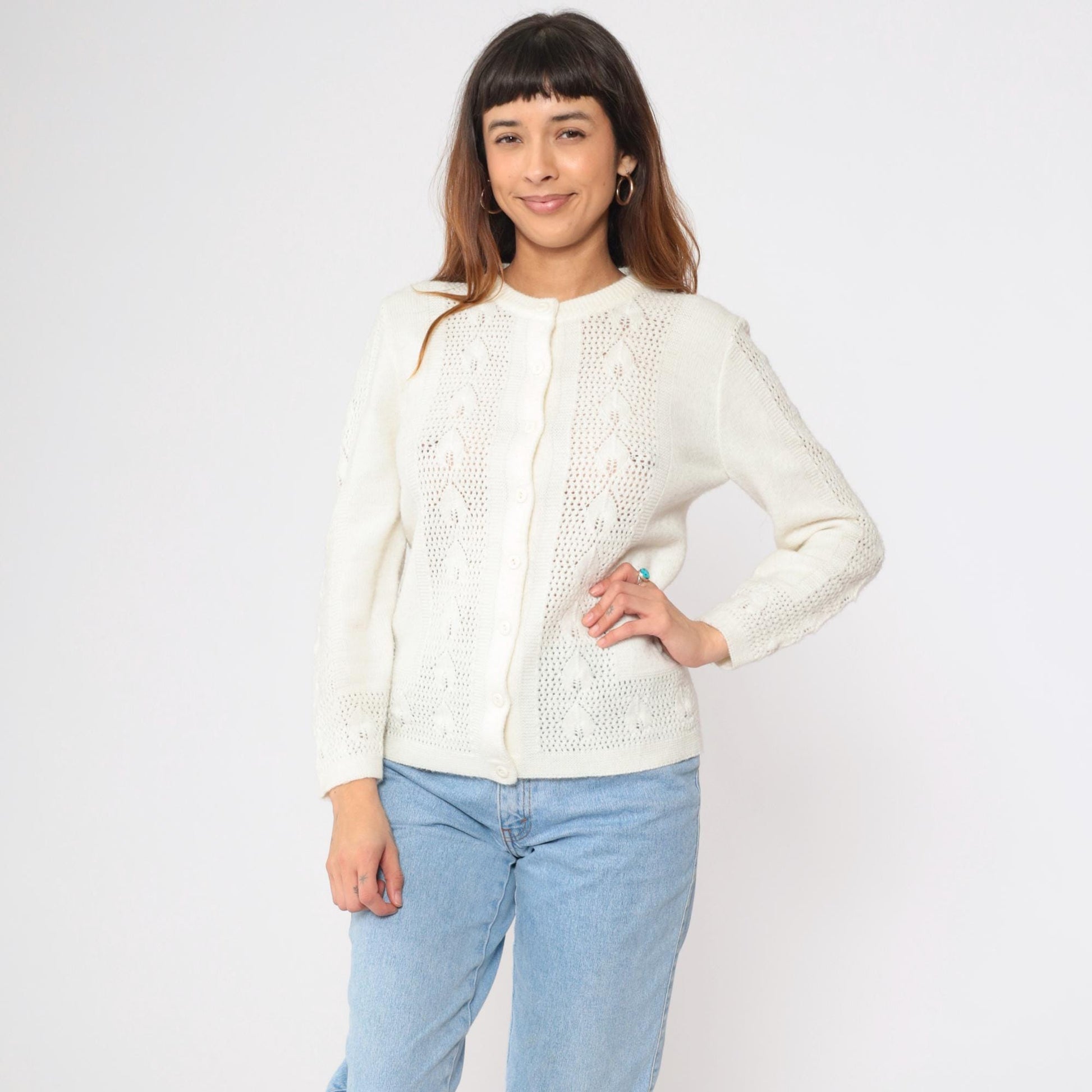80s White Openwork Cardigan Leaf Motif Button-Up Crew Neck Small
