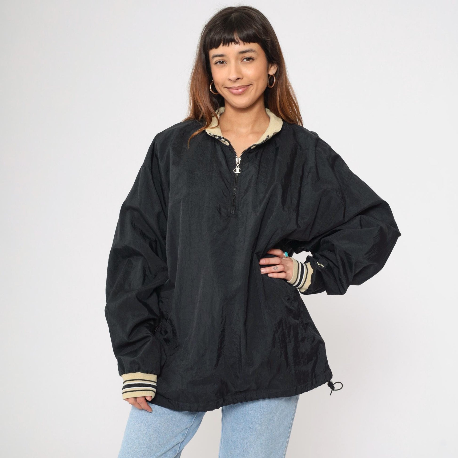 Y2K Champion Windbreaker Jacket Black Nylon Quarter Zip Pullover Extra Extra Large XXL