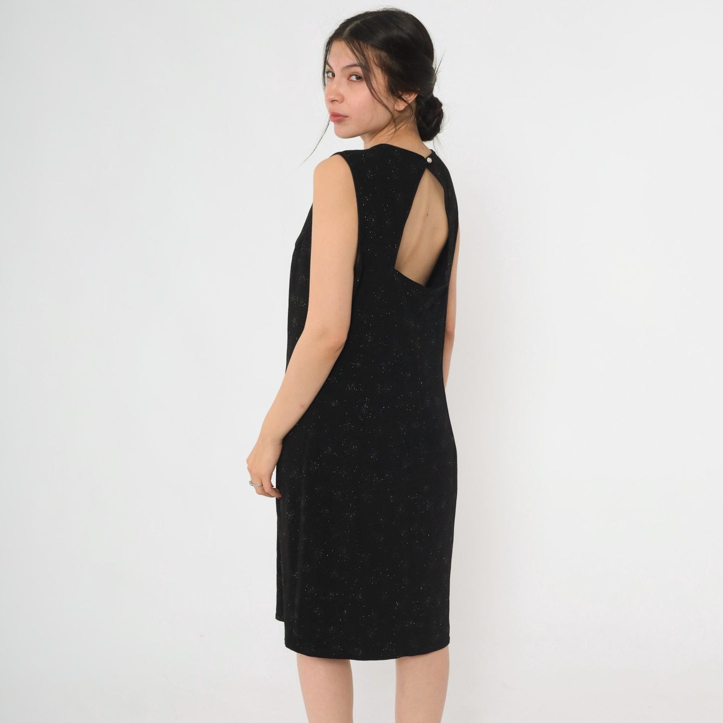 90s Onyx Nite Black Glitter Starburst Keyhole Back Midi Dress Large