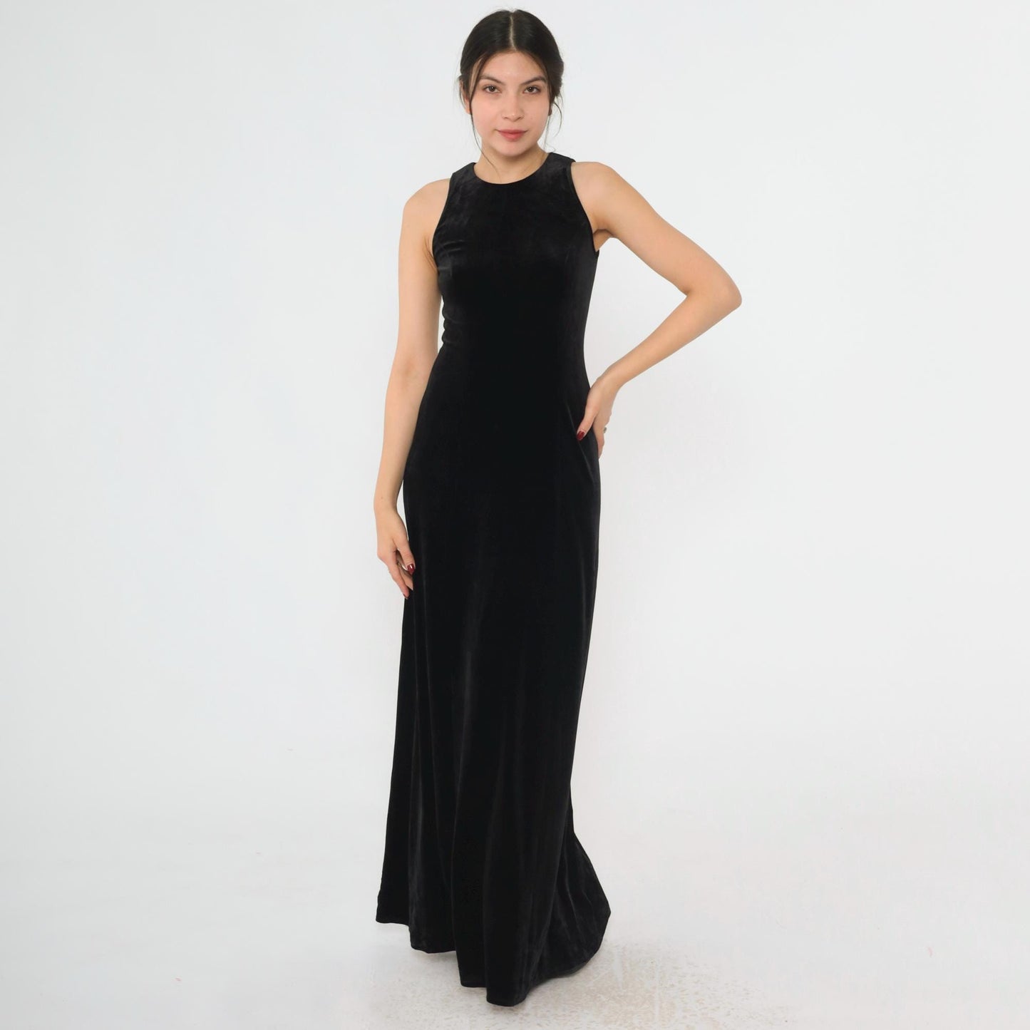 90s Papell Boutique Black Velvet Maxi Gown Rhinestone Back Sleeveless Small 4
