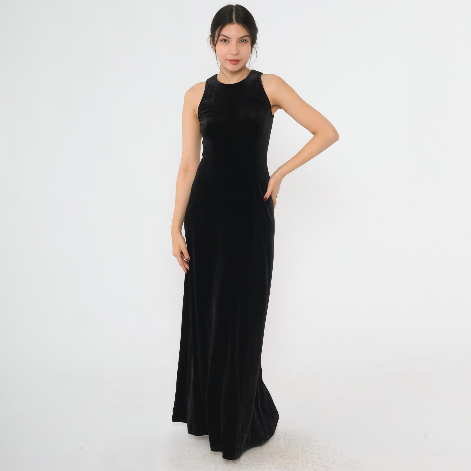 90s Papell Boutique Black Velvet Maxi Gown Rhinestone Back Sleeveless Small 4