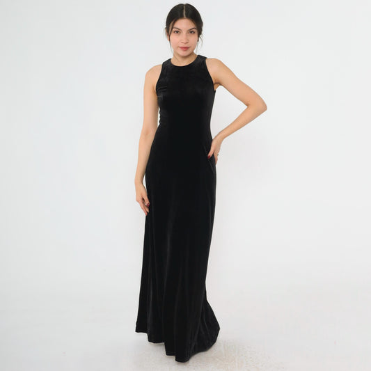 90s Papell Boutique Black Velvet Maxi Gown Rhinestone Back Sleeveless Small 4