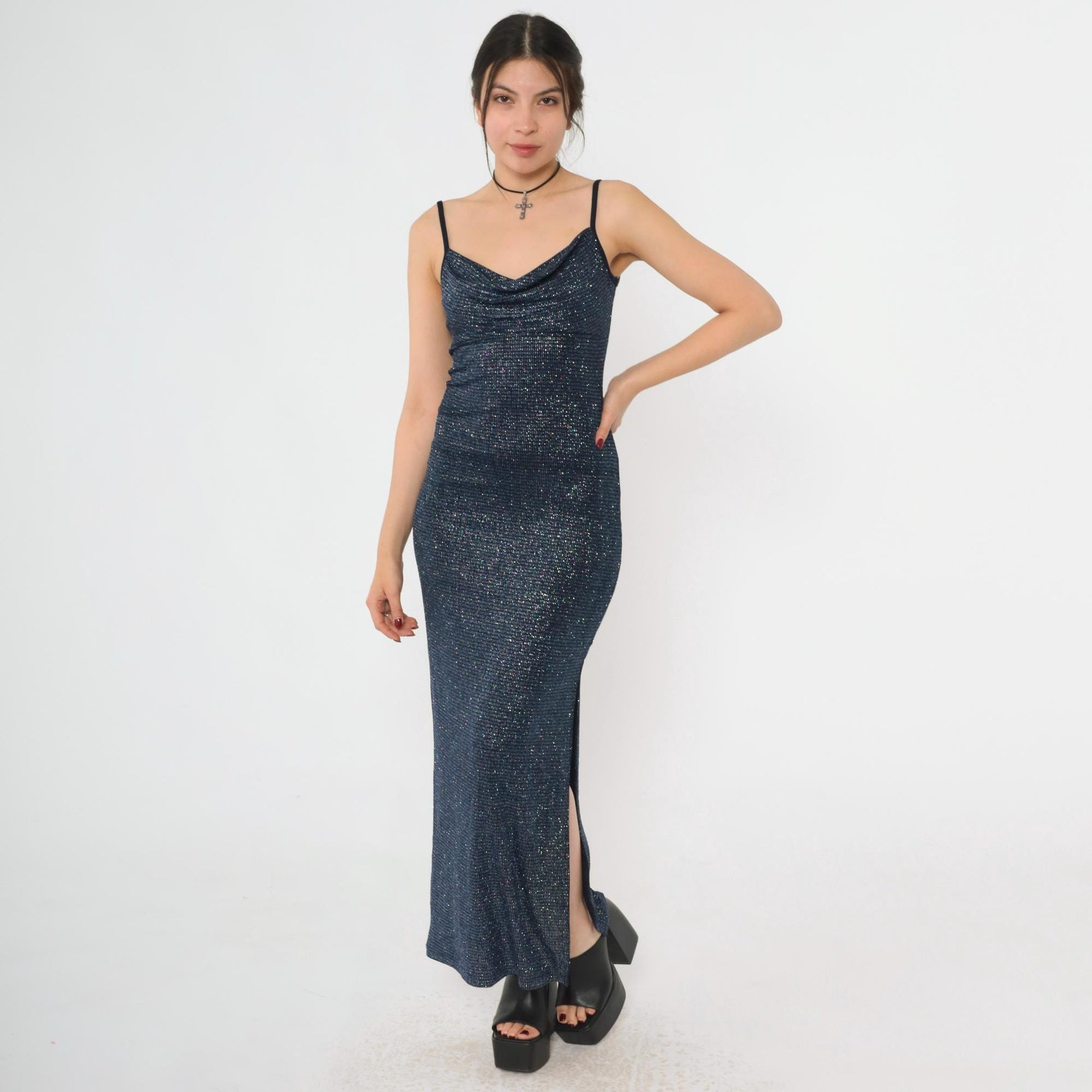 00s Metallic Blue Maxi Dress Cowl Neck Bodycon High Slit Small