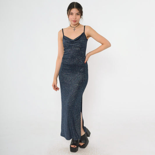 00s Metallic Blue Maxi Dress Cowl Neck Bodycon High Slit Small