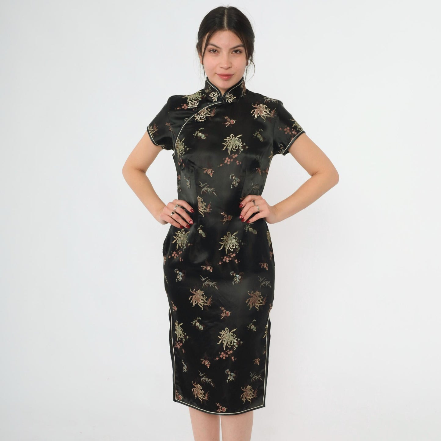 90s Black Silk Cheongsam Midi Dress Floral Embroidery Mandarin Collar Extra Small