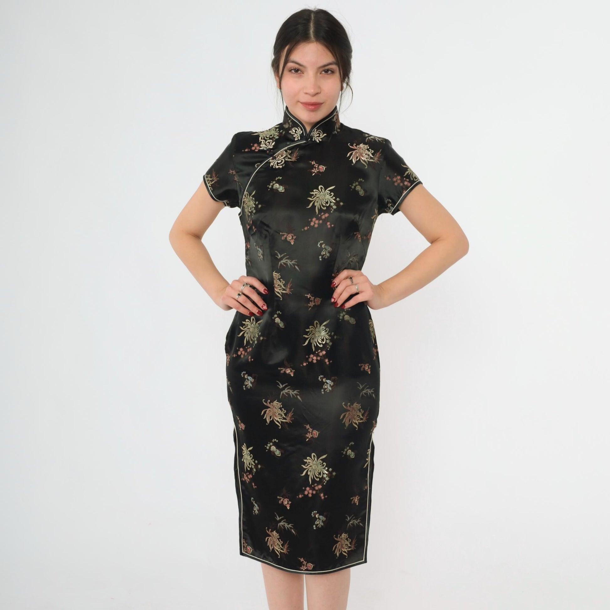 90s Black Silk Cheongsam Midi Dress Floral Embroidery Mandarin Collar Extra Small