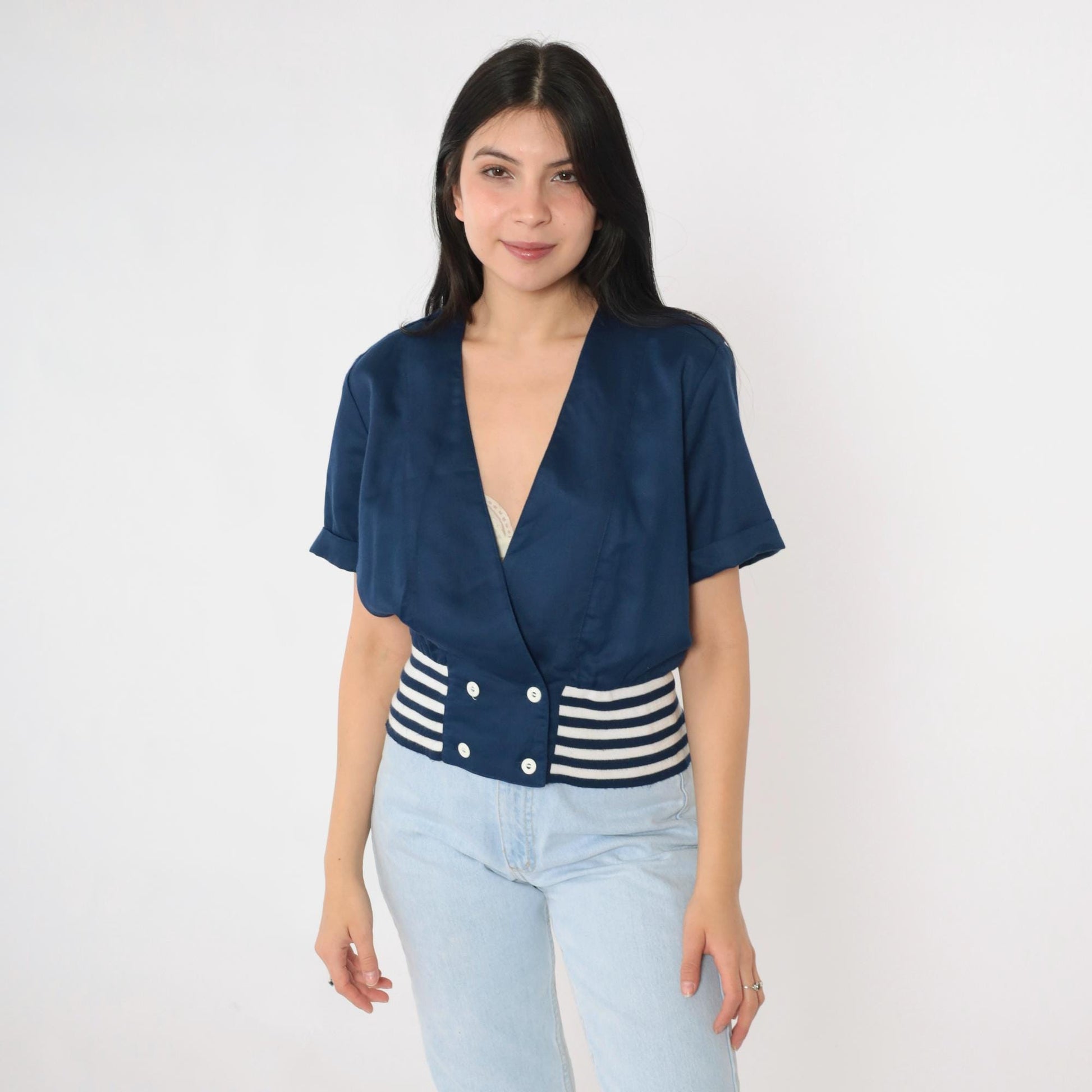 80s Lanz Nautical Striped Button-Up Blouse Deep V-Neck Dark Blue White Medium