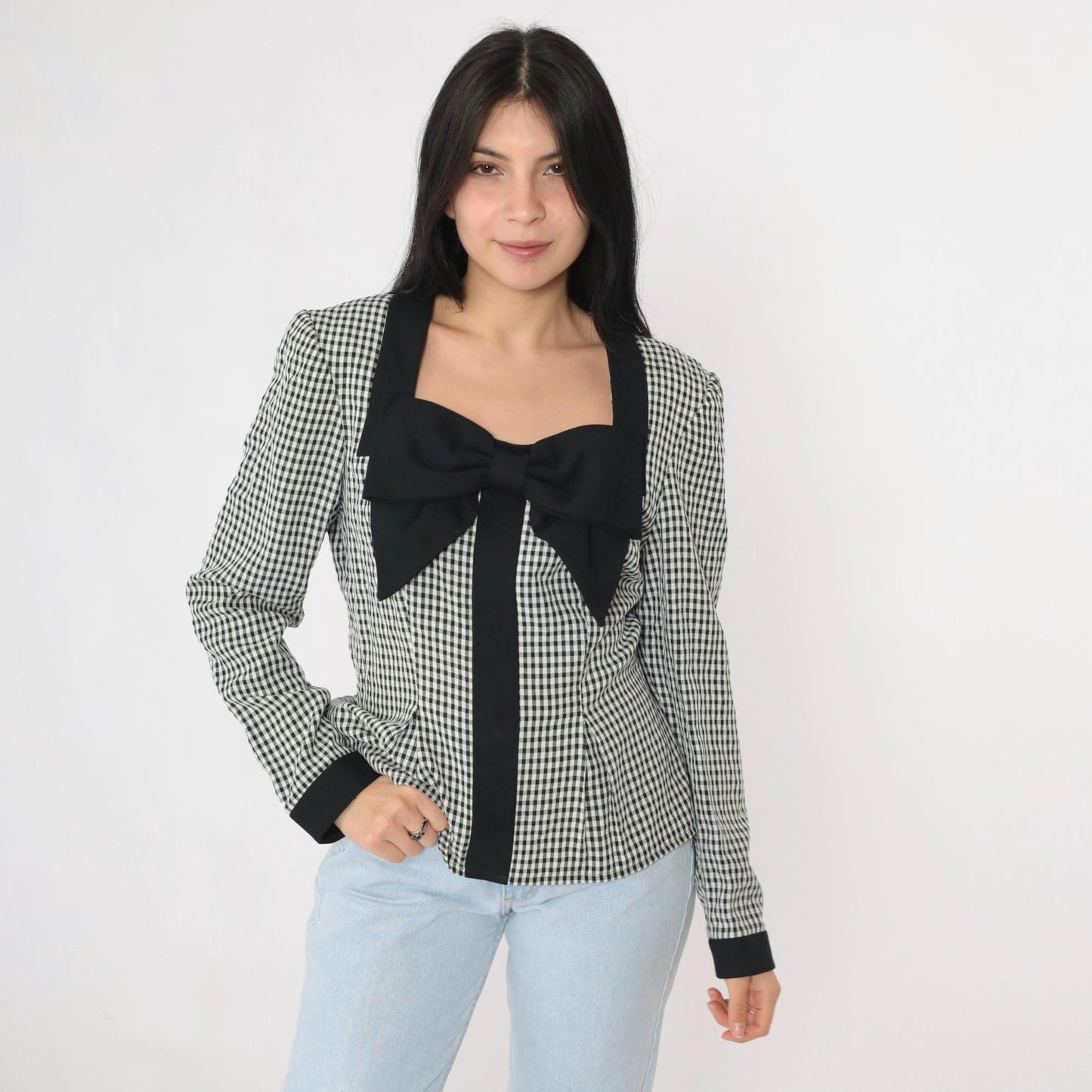90s Black Gingham Bow Blouse Long Sleeve Checkered Shirt Medium 8