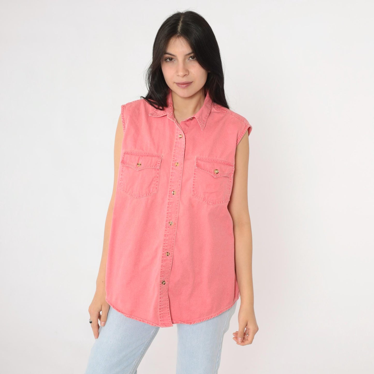 90s Pink Cotton Sleeveless Button-Up Blouse Chest Pockets Large L