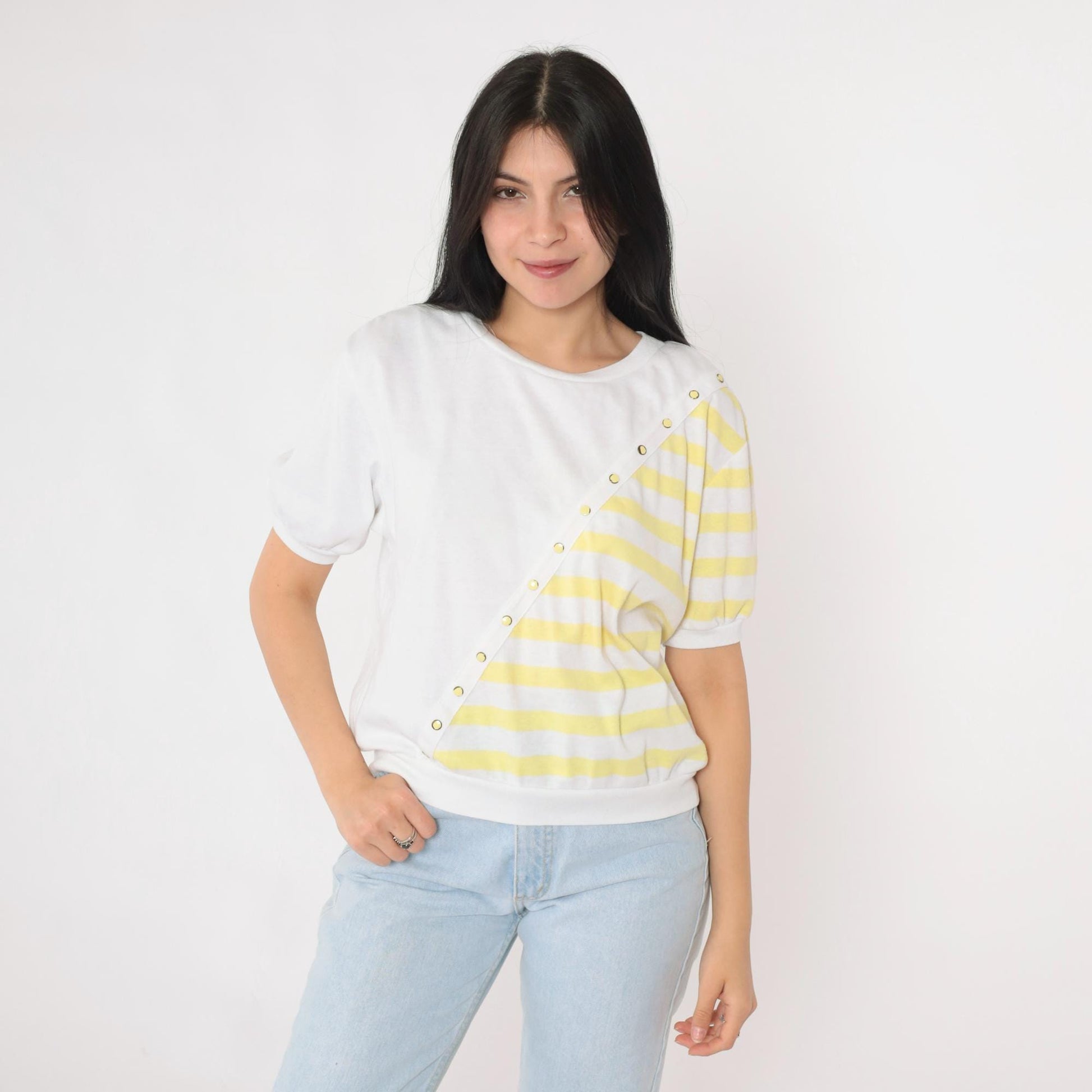 80s White Stag Striped Short Sleeve Shirt Yellow Banded Hem Medium