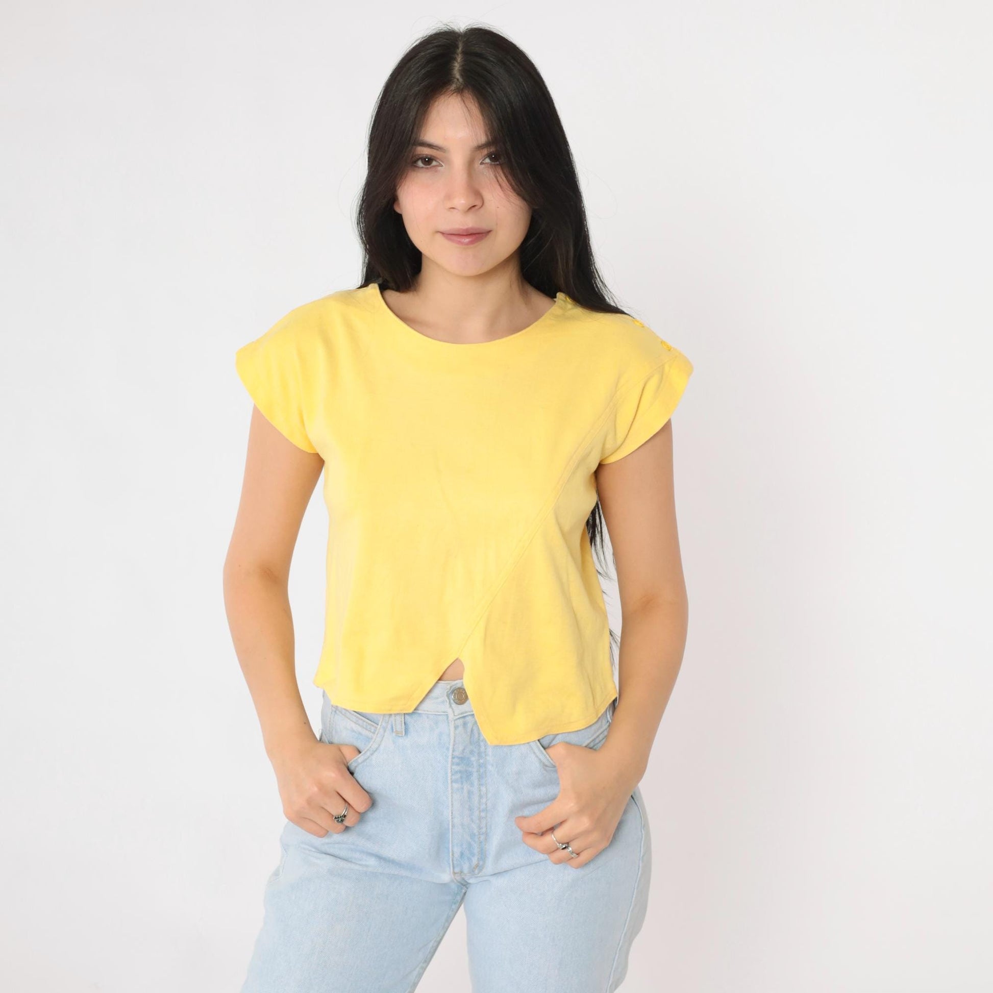 80s Yellow Asymmetric Hem Cap Sleeve Crop Top Cotton Blend Small S