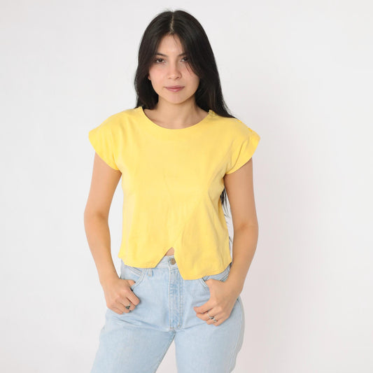 80s Yellow Asymmetric Hem Cap Sleeve Crop Top Cotton Blend Small S