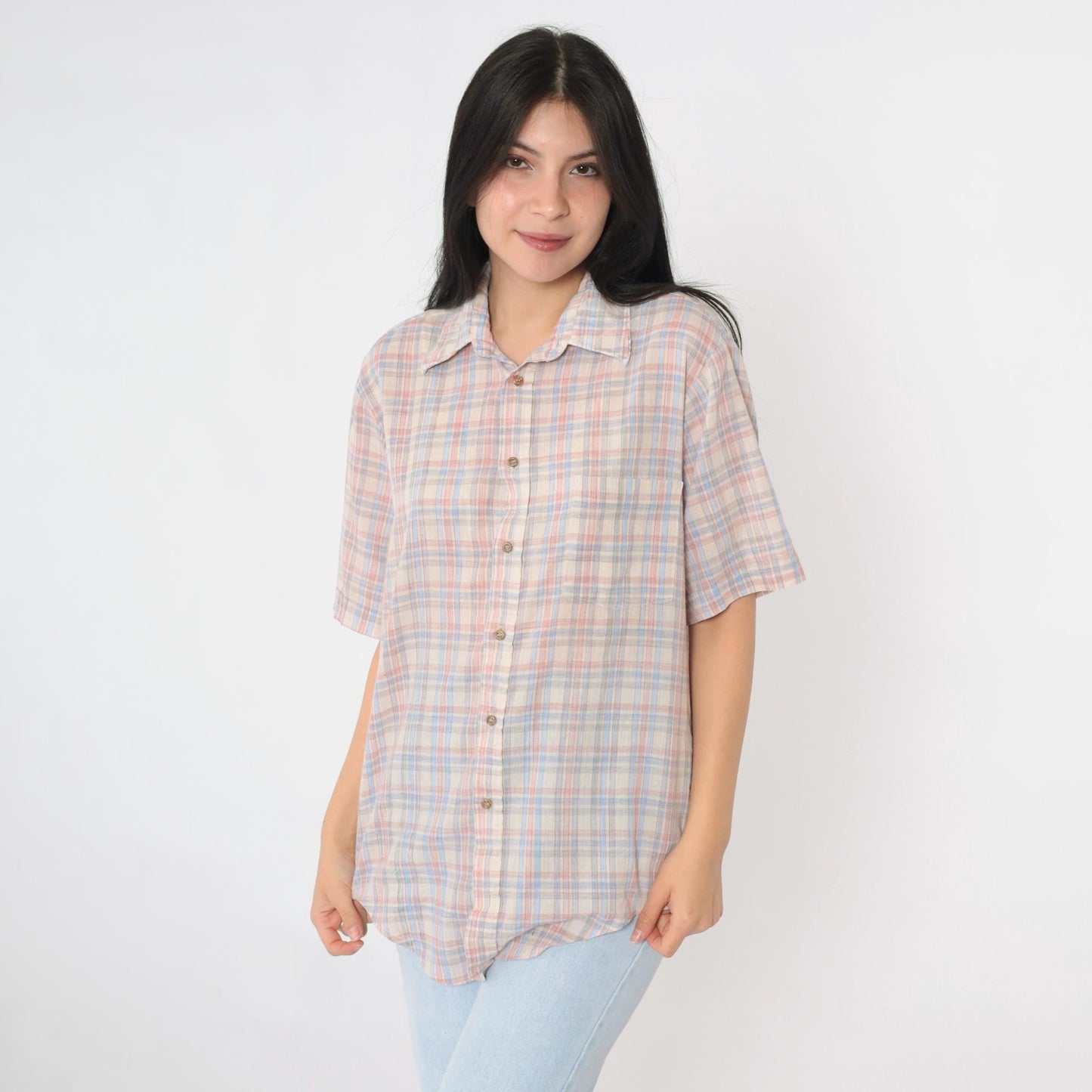 80s Cream Plaid Button-Up Shirt Pink Blue Checkered Short Sleeve Medium