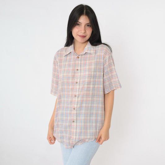 80s Cream Plaid Button-Up Shirt Pink Blue Checkered Short Sleeve Medium