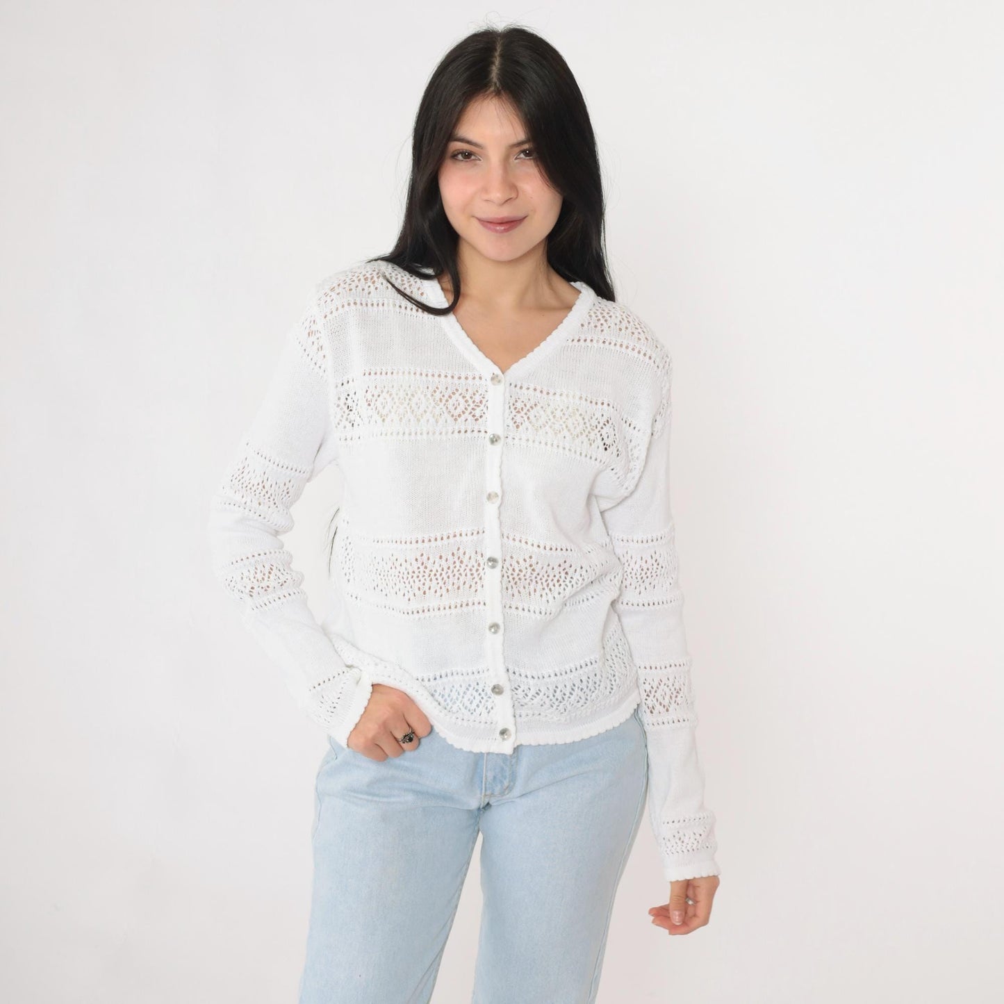 80s White Pointelle Cardigan Sheer Cutout Button-Up V-Neck Medium M