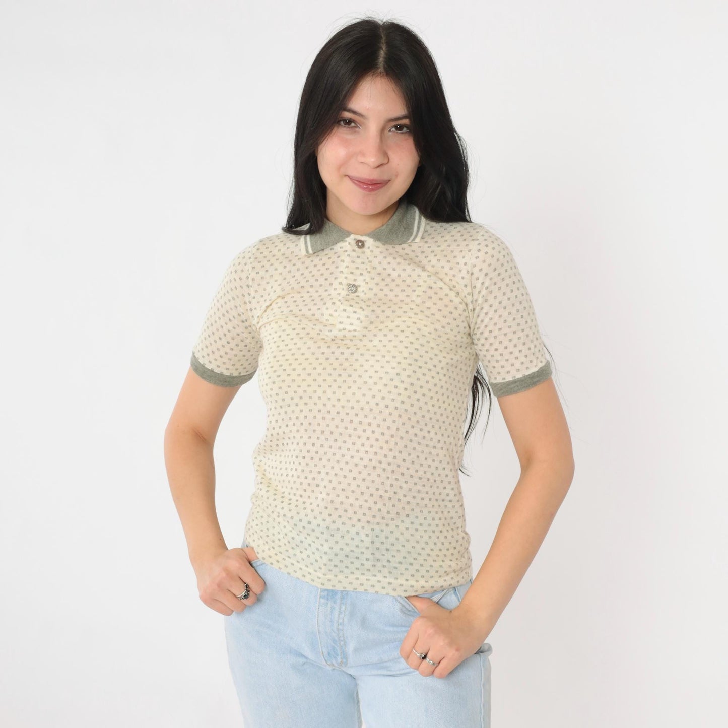 80s RoyCo Sportswear Cream Knit Polo Polka Dot Grey Short Sleeve Extra Small