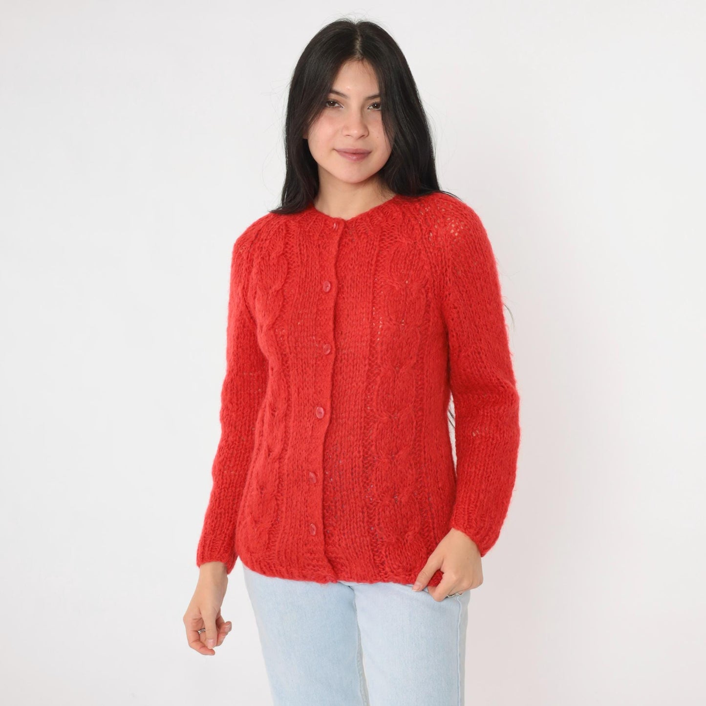 70s Carol Brent Wool Mohair Cable Knit Cardigan Red Semi-Sheer Extra Small