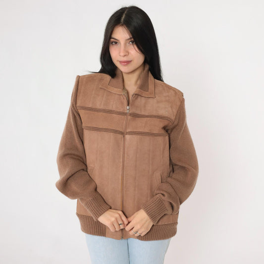 80s Repage Brown Suede Leather Bomber Jacket Striped Knit Medium