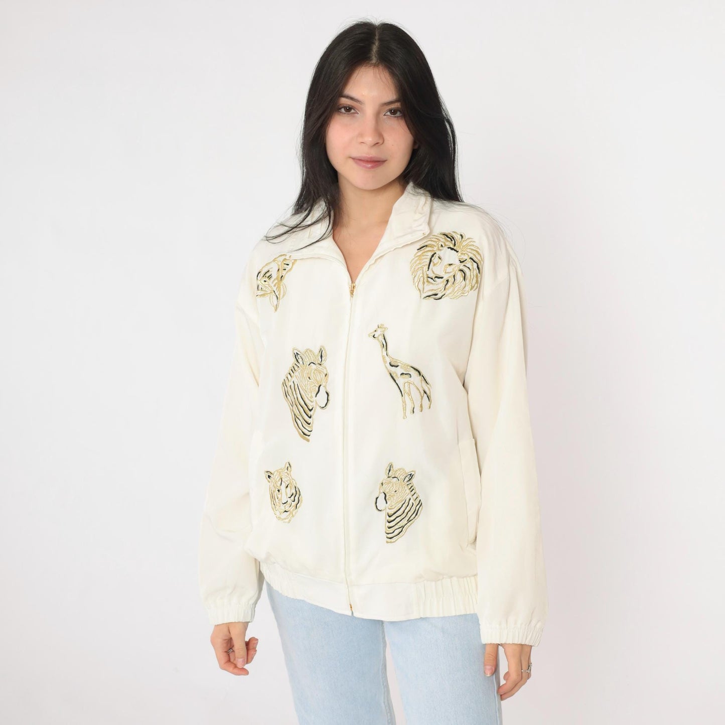 90s Safari Animal Windbreaker Jacket Off-White Embroidered Gold Small S