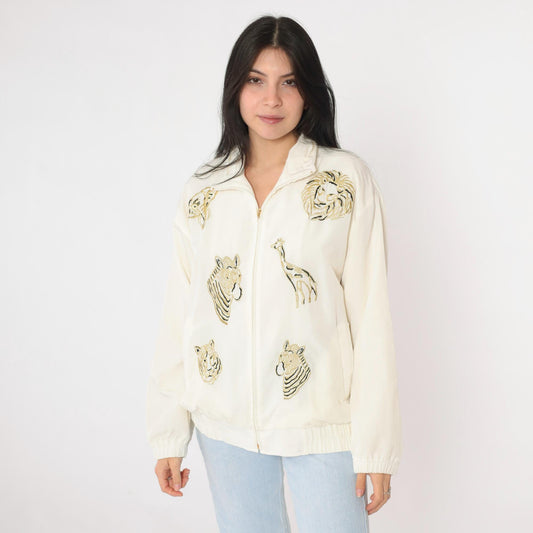 90s Safari Animal Windbreaker Jacket Off-White Embroidered Gold Small S