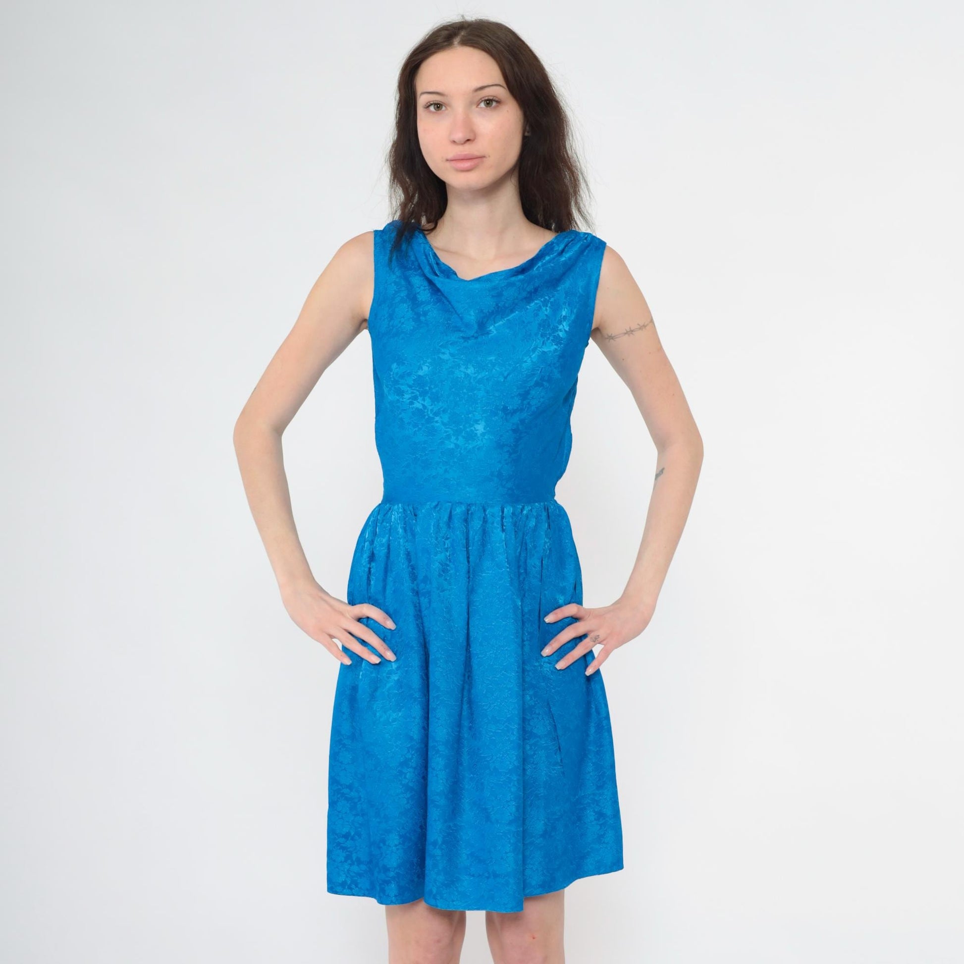 60s Blue Damask Floral Jacquard Cocktail Dress Sleeveless Fit Flare Extra Small
