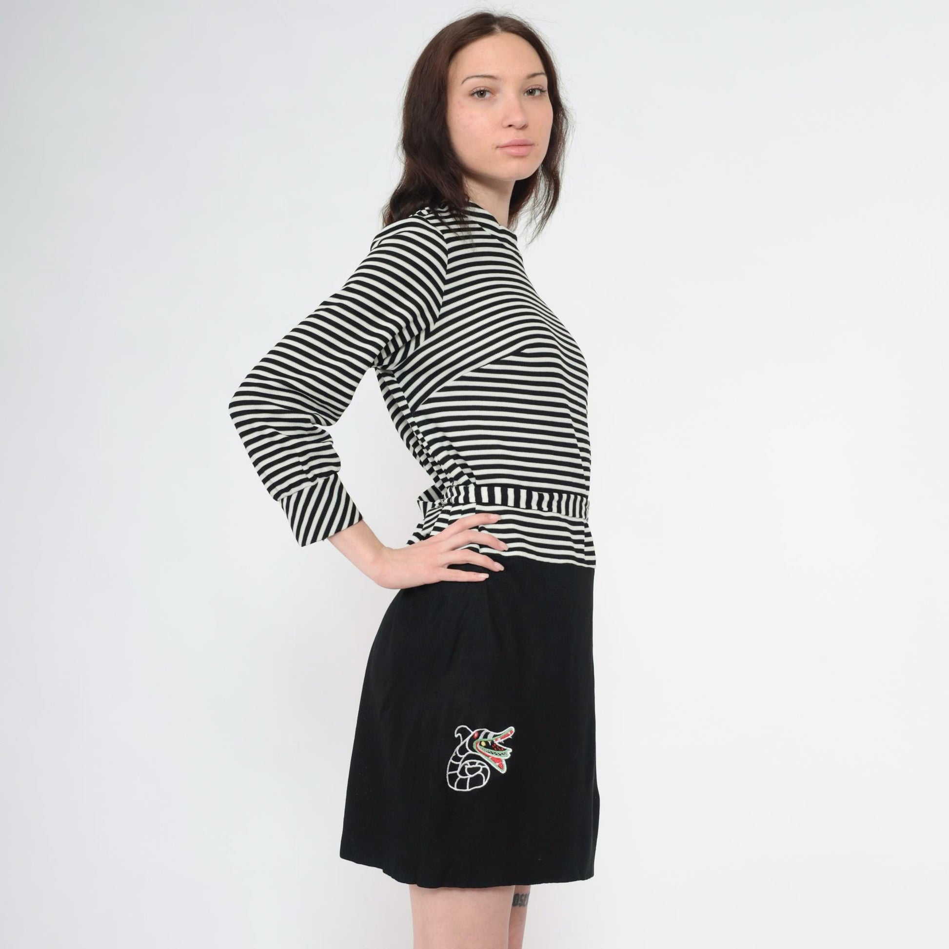 60s Mod Mini Shift Dress Black White Striped Embroidered – Shopexile
