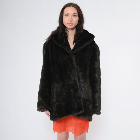 90s Brown Faux Fur Jacket Shawl Collar Short Coat Extra Large XL