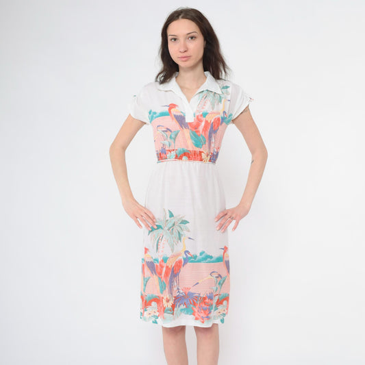 80s Tropical Bird Midi Dress White Crane Print Elastic Waist Polo Collar Extra Small