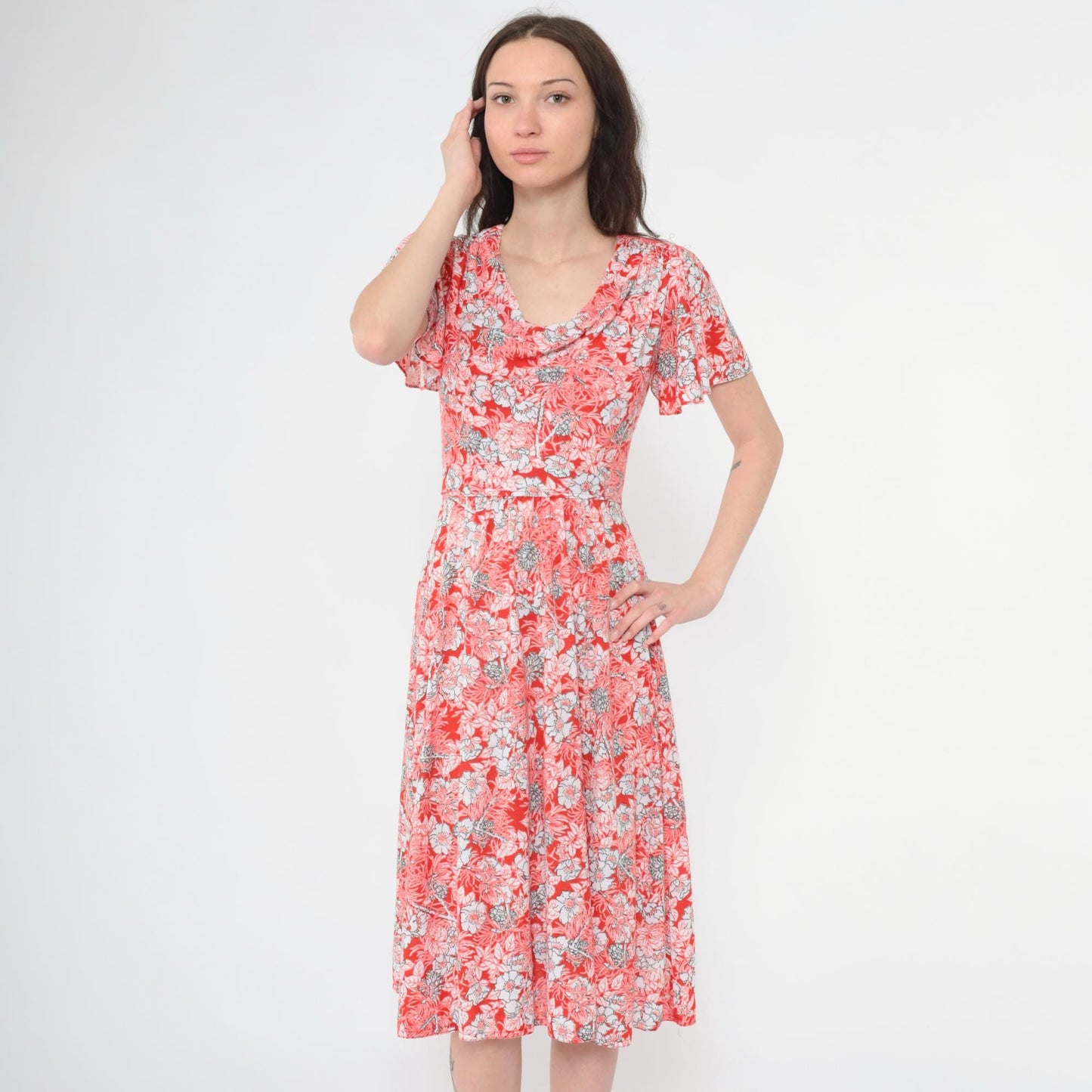 70s Red Floral Midi Dress Cowl Neck Flutter Sleeve High Waist Extra Small