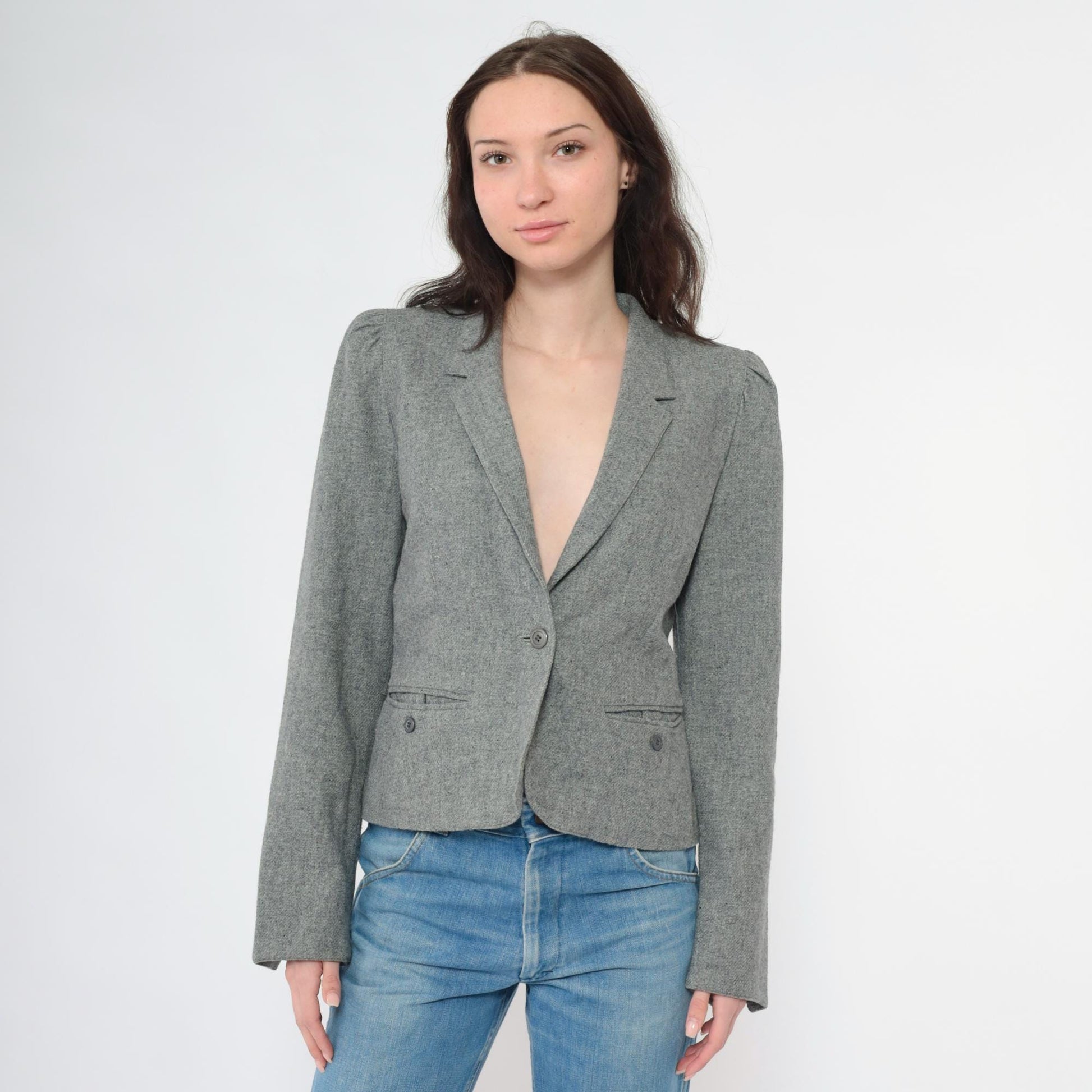 80s Grey Wool Blend Blazer Puff Sleeve Button-Up Jacket Small