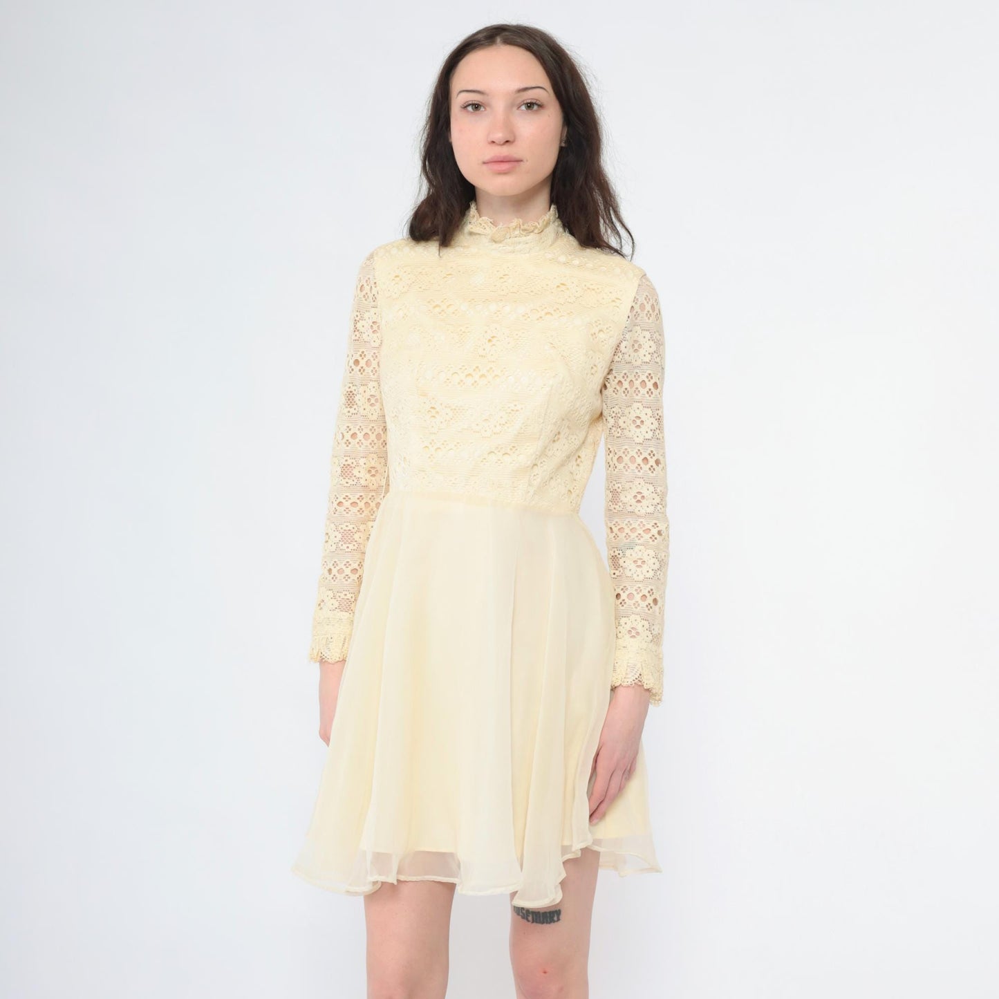 Late 60s Early 70s Cream Lace Mini Dress High Neck Sheer Sleeves Small