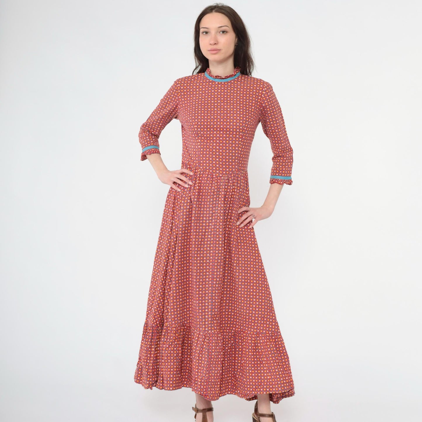70s Red Calico Floral Maxi Dress High Waisted 3/4 Sleeve Ruffle Trim Small